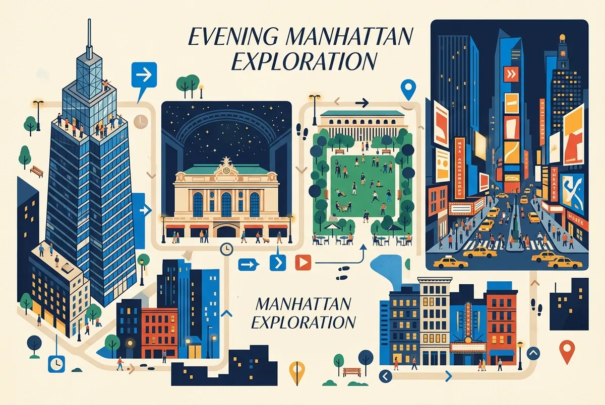 broadway show and observation deck evening timeline map showing One Vanderbilt, Grand Central Terminal, Bryant Park and Times Square Theater District with generic labels