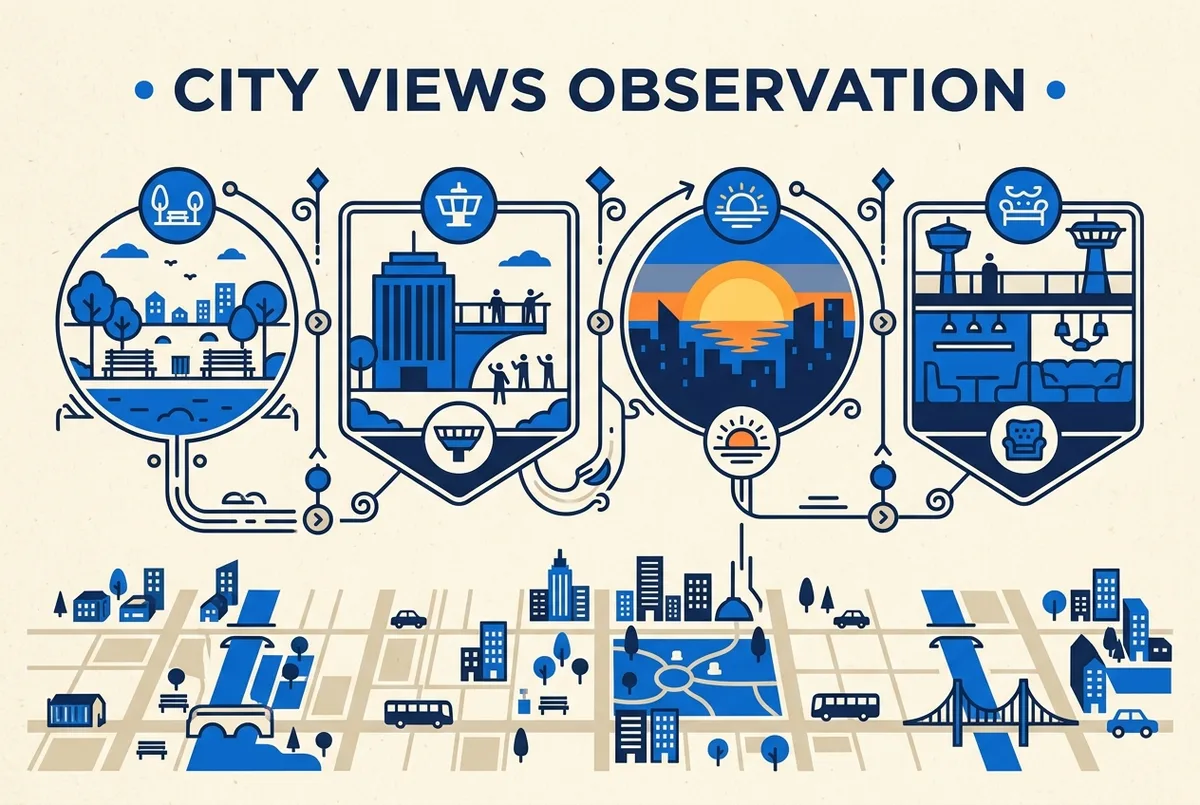 cheapest observation deck nyc price tier infographic showing free views, general admission, sunset slots and premium add-ons as four simple steps with generic labels