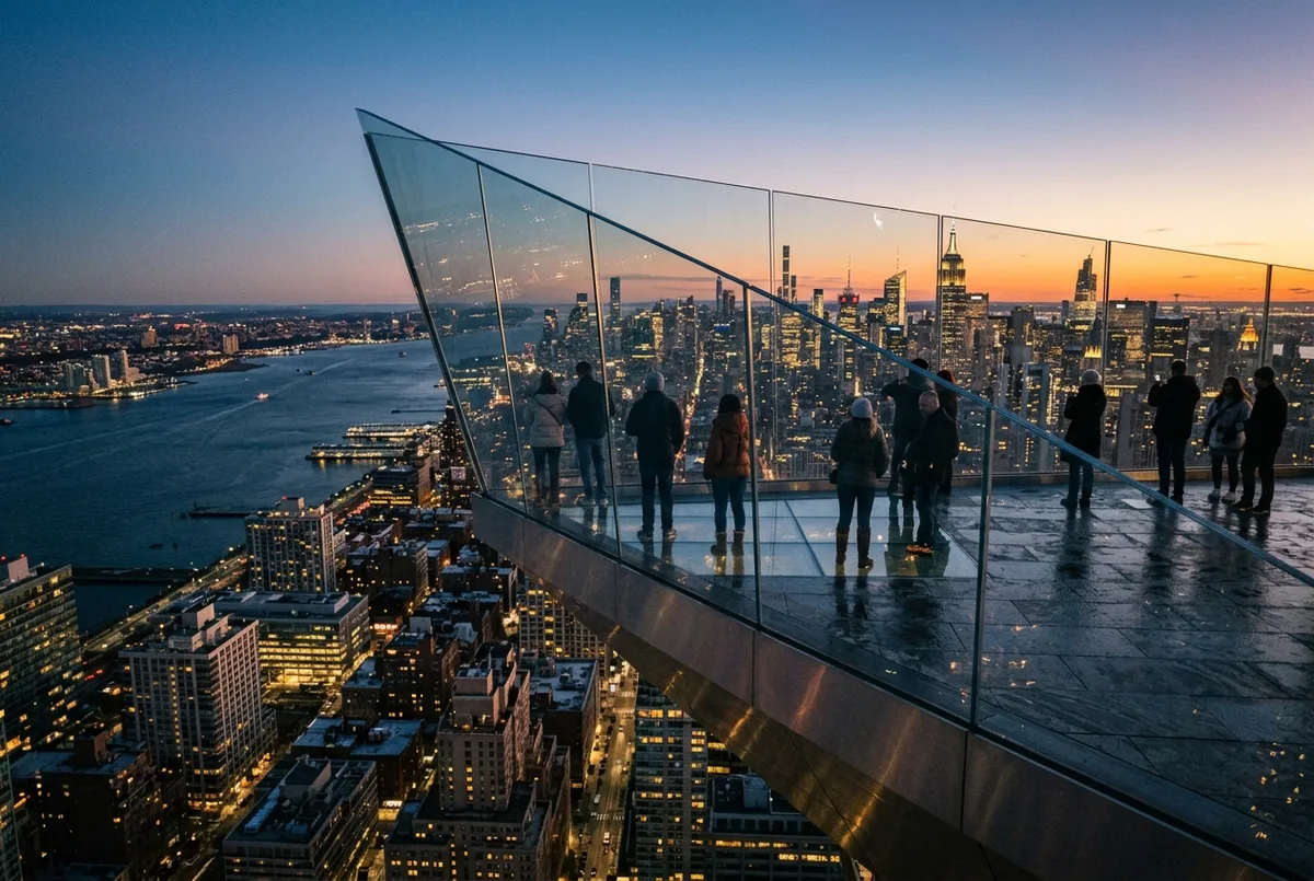 edge nyc tickets comparison scene: a triangular outdoor sky deck with angled glass walls over the Hudson Yards skyline at dusk, seen from an elevated viewpoint, dramatic mood