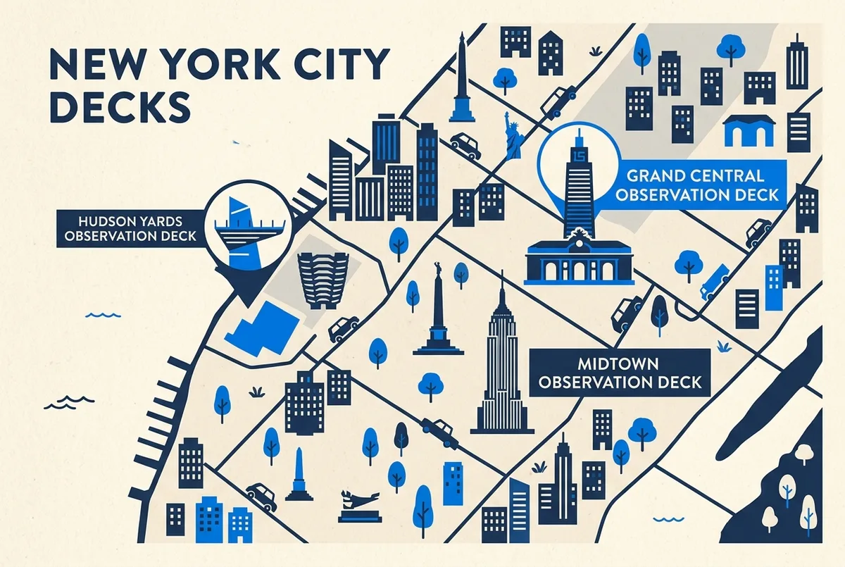 edge nyc tickets comparison map of Manhattan marking Hudson Yards, Grand Central Terminal and Midtown with simple generic labels for each observation deck
