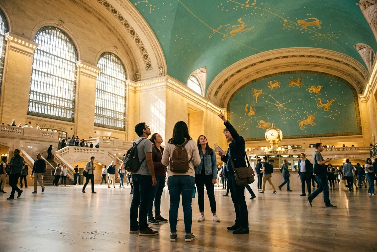 grand central terminal tour scene: a small group with a guide looking up at the celestial ceiling in the Grand Central main concourse, sunlight through the windows, curious mood