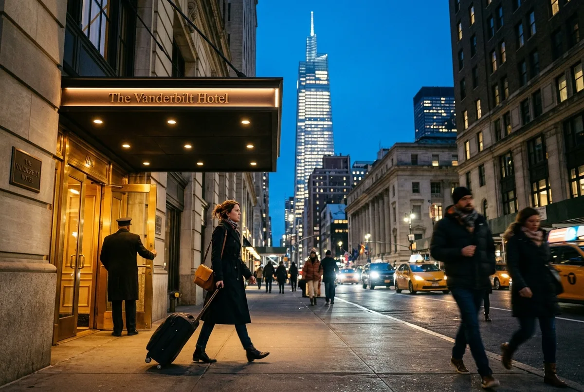 hotels near summit one vanderbilt scene: traveler with a suitcase stepping out of a Midtown East hotel entrance at blue hour, One Vanderbilt tower lit up above the street