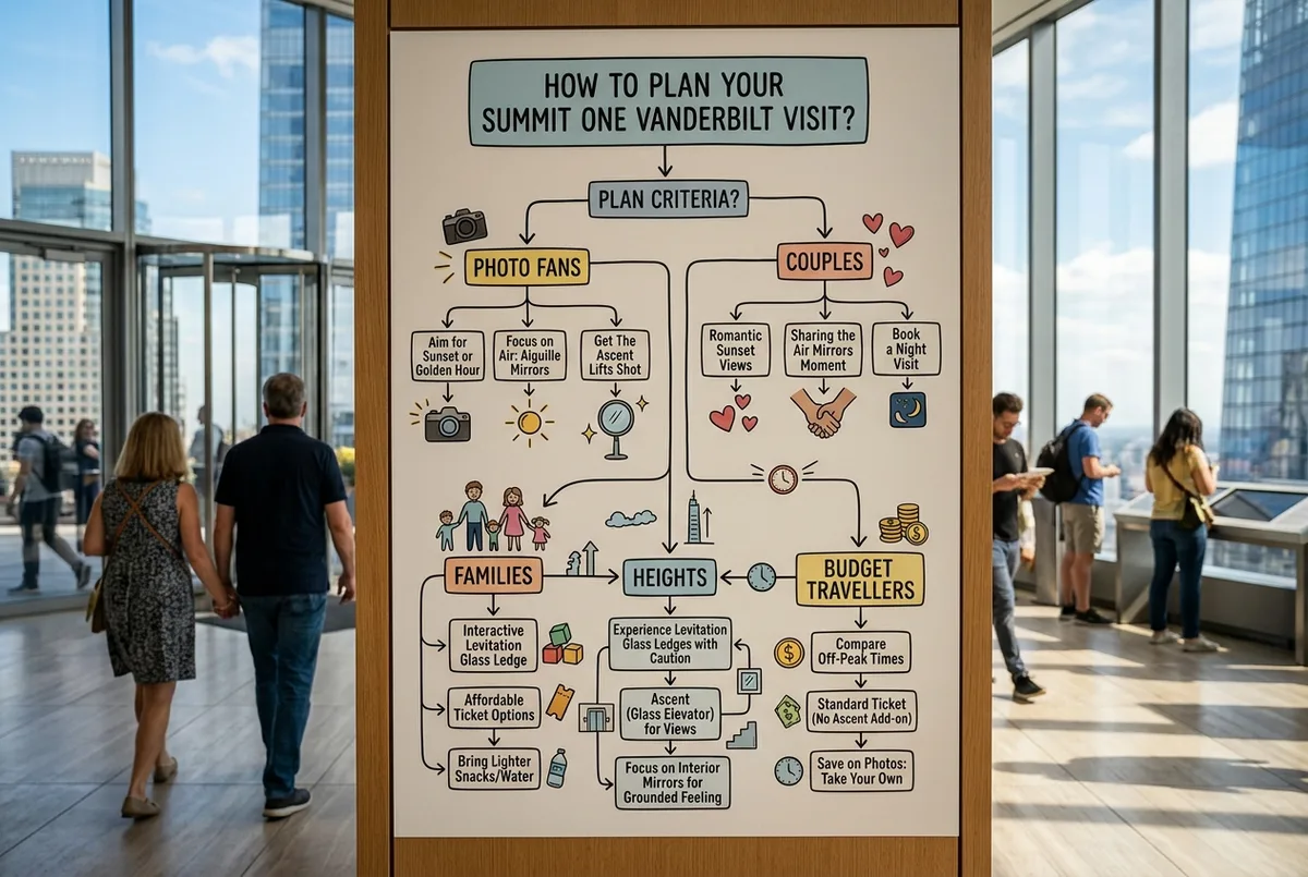 Decision chart for SUMMIT One Vanderbilt with labels for Photo Fans, Couples, Families, Heights and Budget Travellers