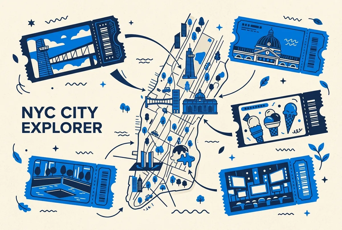 nyc attraction tickets pairing map of Manhattan showing One Vanderbilt, Times Square Skywalk, 9/11 Memorial and Museum, Museum of Ice Cream and Grand Central Terminal with generic labels