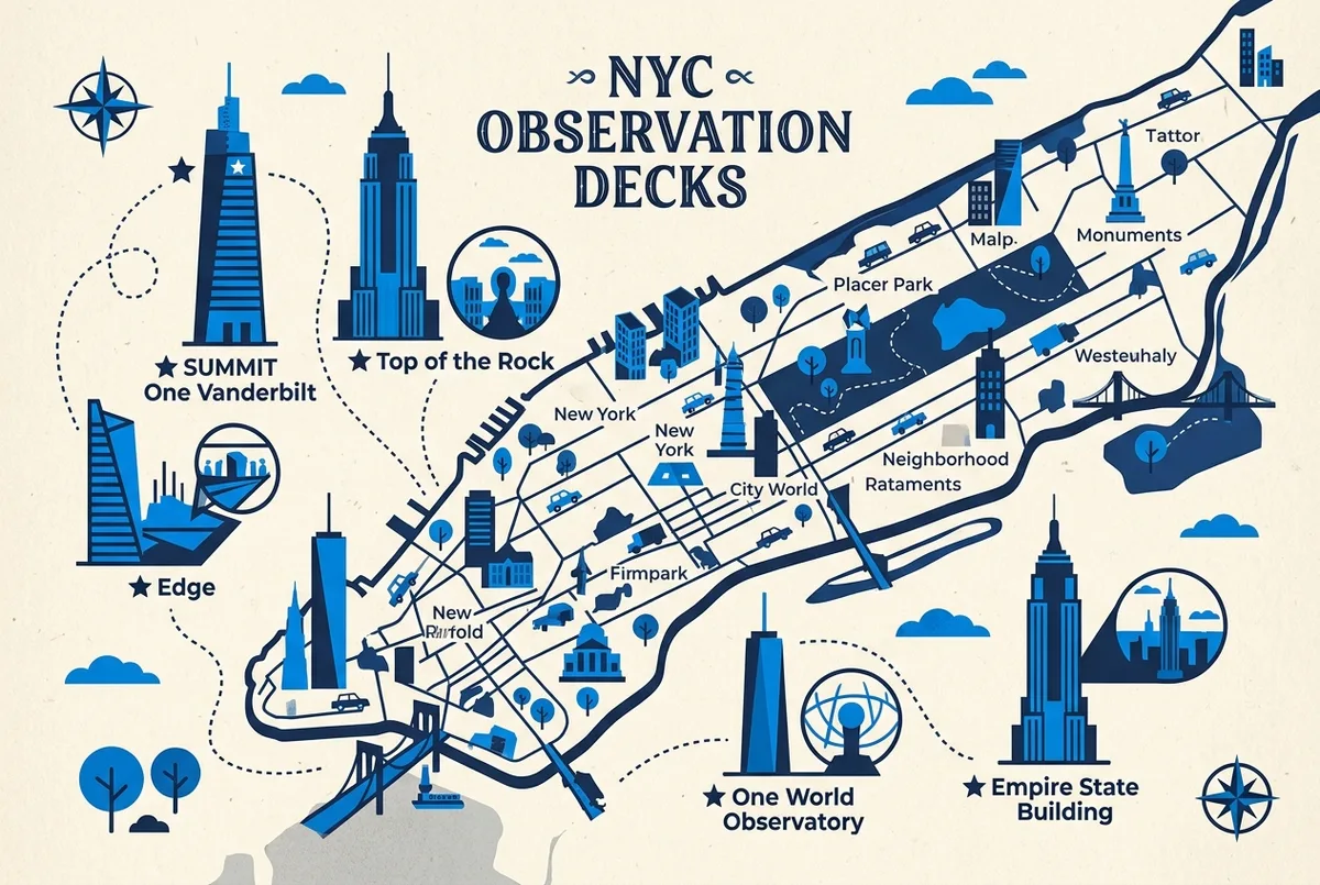 best observation deck in nyc comparison map of Manhattan marking SUMMIT One Vanderbilt, Top of the Rock, Edge, One World Observatory and the Empire State Building with generic place labels
