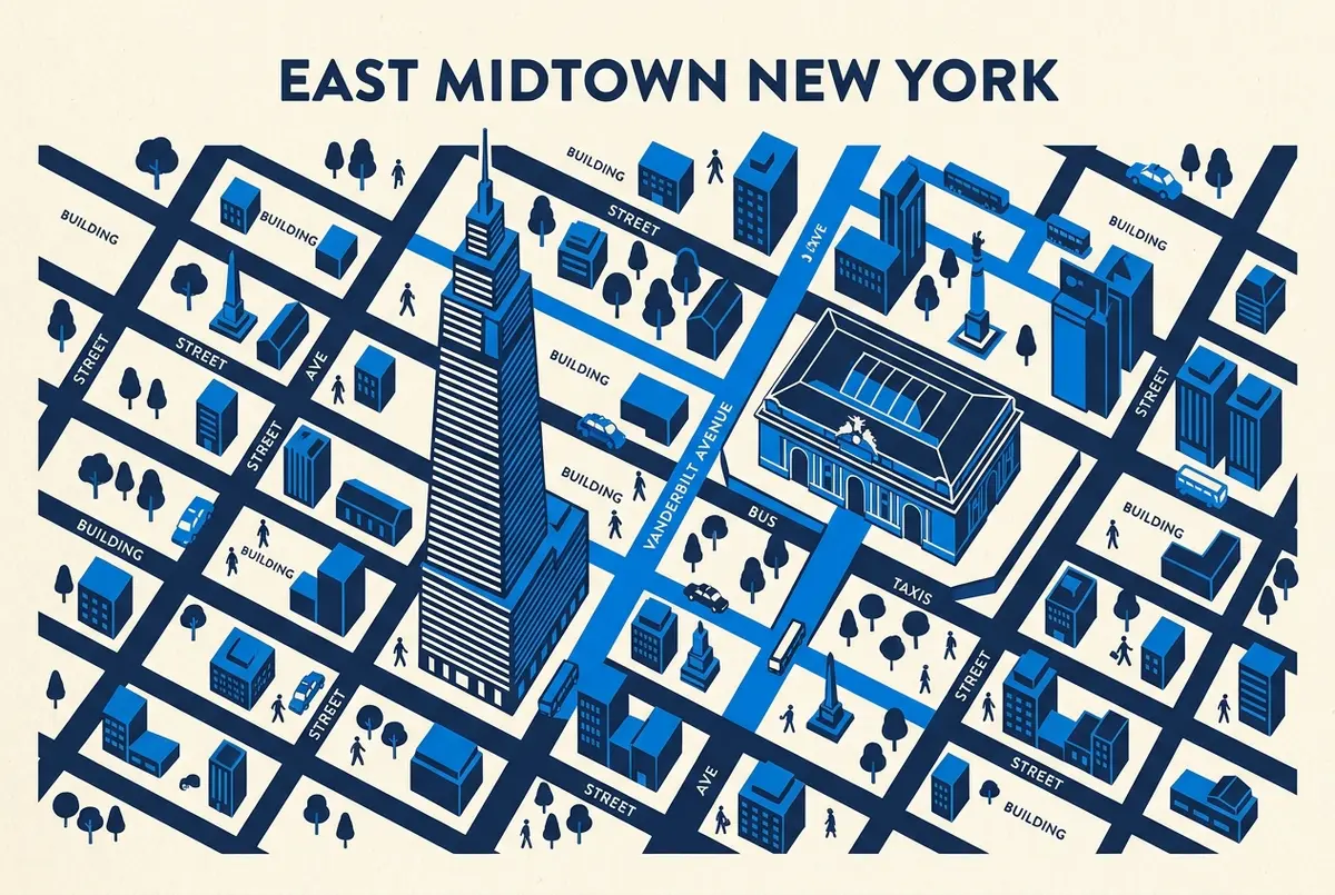 Esquema sencillo con las etiquetas Grand Central Terminal, Vanderbilt Avenue, One Vanderbilt y Midtown Manhattan, que sitúa la torre One Vanderbilt junto a la estación