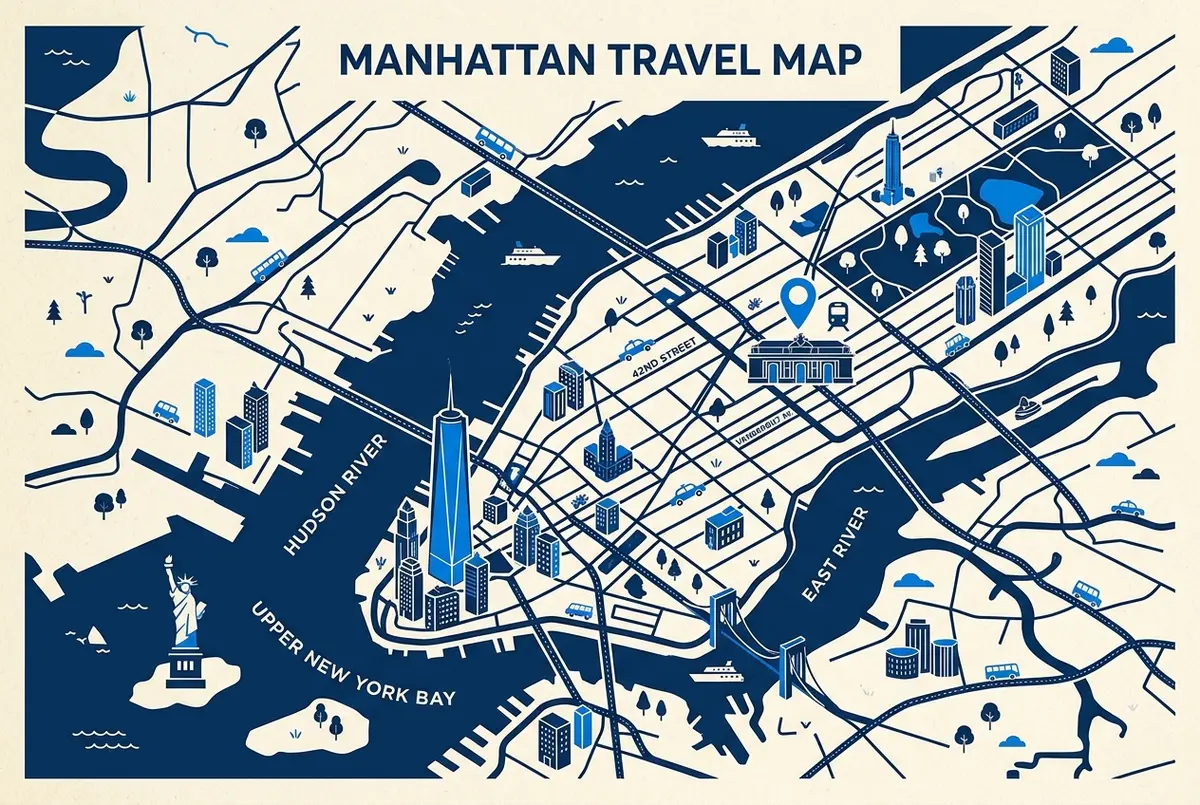 one world observatory nyc versus summit one vanderbilt map of Manhattan marking the World Trade Center downtown, Grand Central Terminal in Midtown and the Statue of Liberty with generic labels
