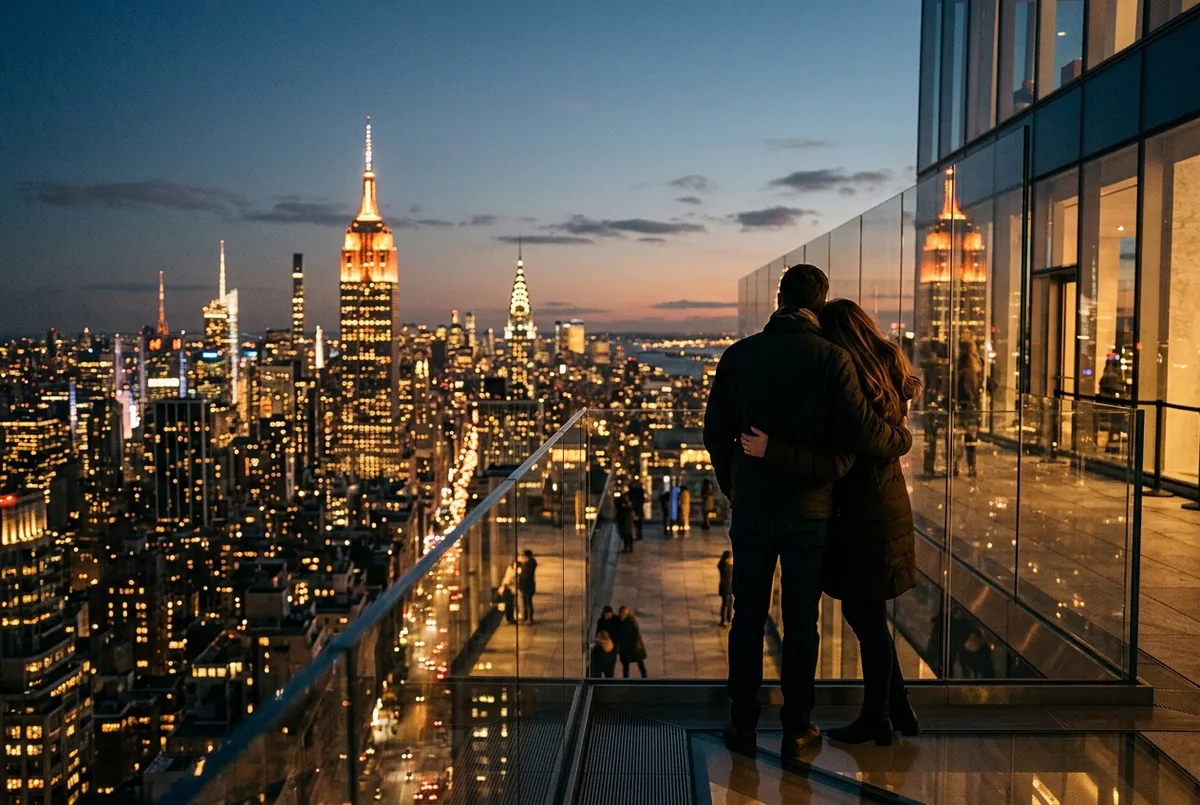 couple standing close together on the SUMMIT One Vanderbilt terrace at dusk with the glowing Midtown Manhattan skyline behind them, romantic and warm mood