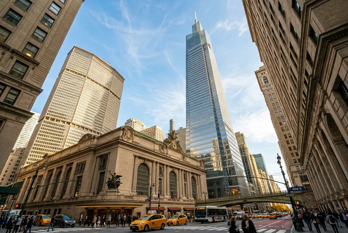 SUMMIT One Vanderbilt hoogte: de glazen toren van One Vanderbilt die in de schemering boven Grand Central en de daken van Midtown Manhattan uitsteekt