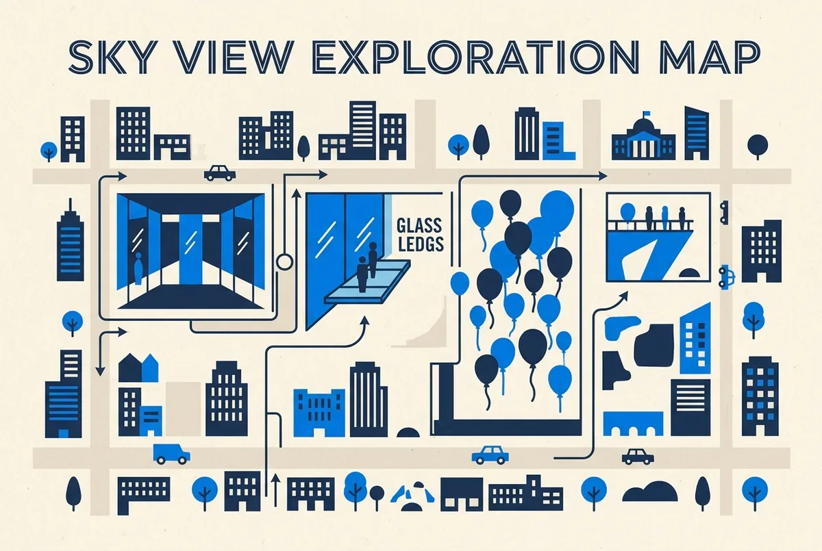 Infographic map of SUMMIT One Vanderbilt photo spots with generic labels for AIR Mirror Rooms, Levitation Ledges, Balloon Room and Terrace