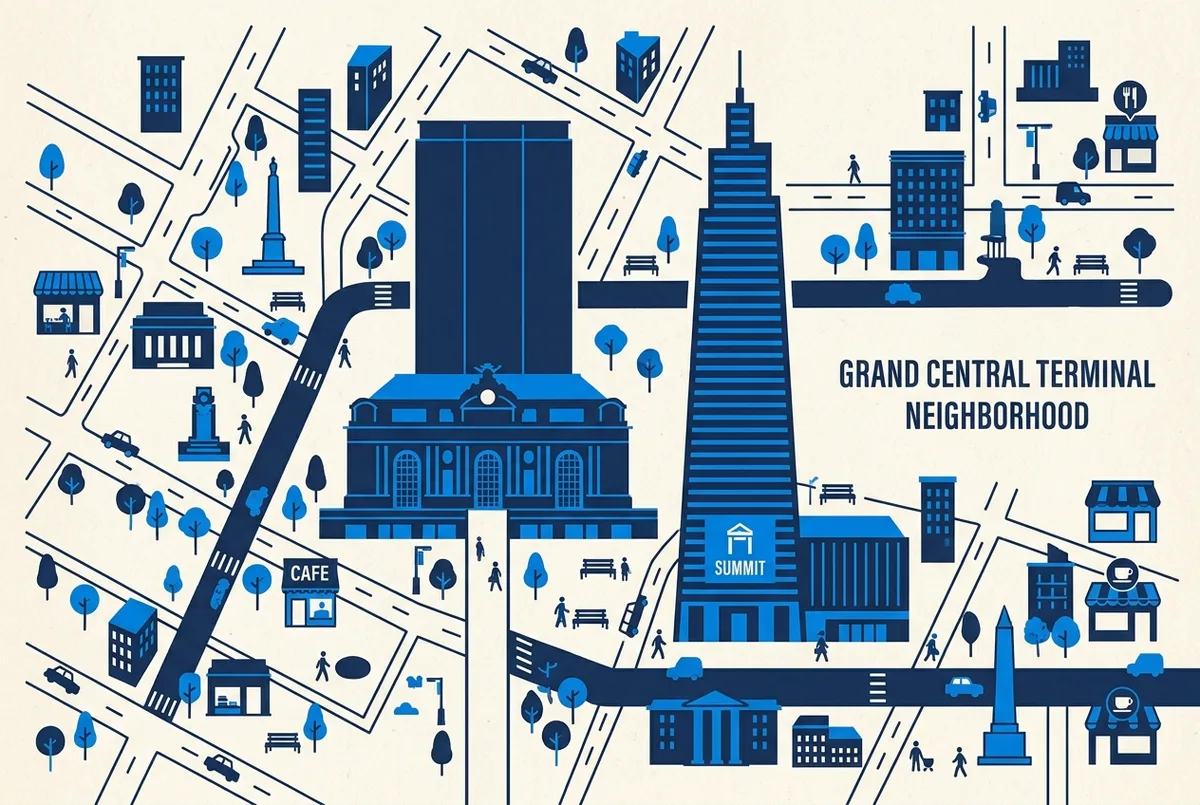 Simple map style illustration of the Midtown blocks around Grand Central and One Vanderbilt with generic labels for Grand Central Terminal, SUMMIT entrance, Cafe and Restaurants