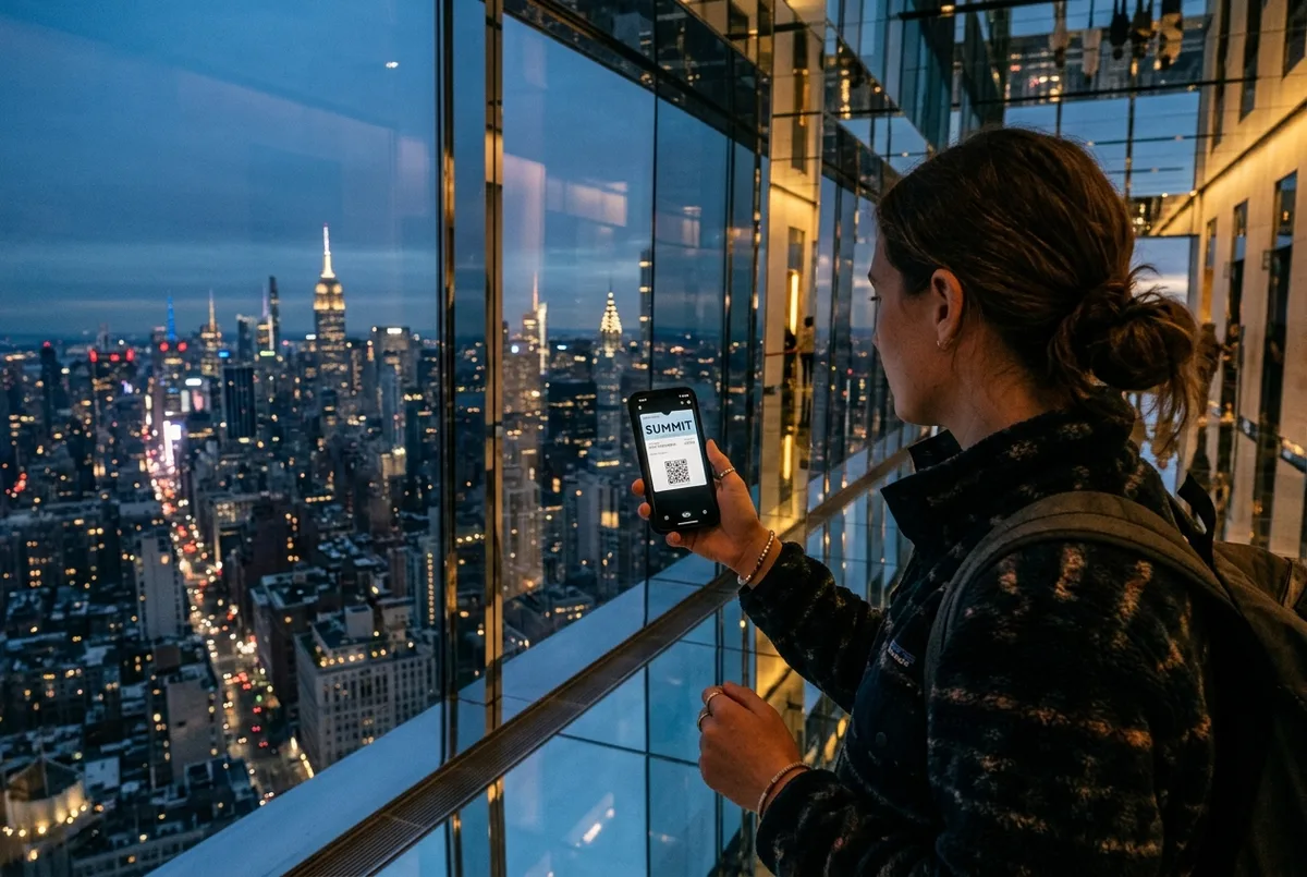 Traveler holding SUMMIT One Vanderbilt tickets on a phone in the mirrored observation deck lobby above Midtown Manhattan at dusk