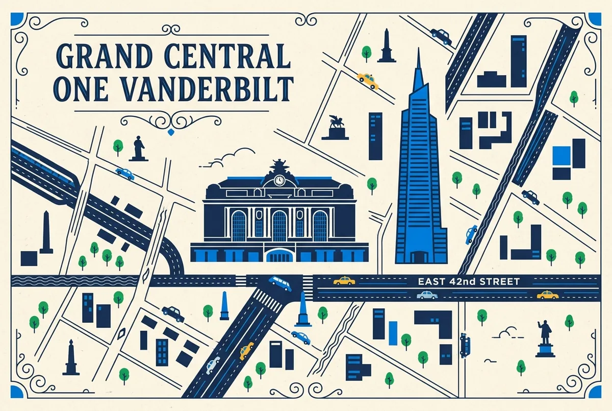 the summit new york location infographic: simple Midtown Manhattan map marking Grand Central Terminal, One Vanderbilt and East 42nd Street with generic place labels