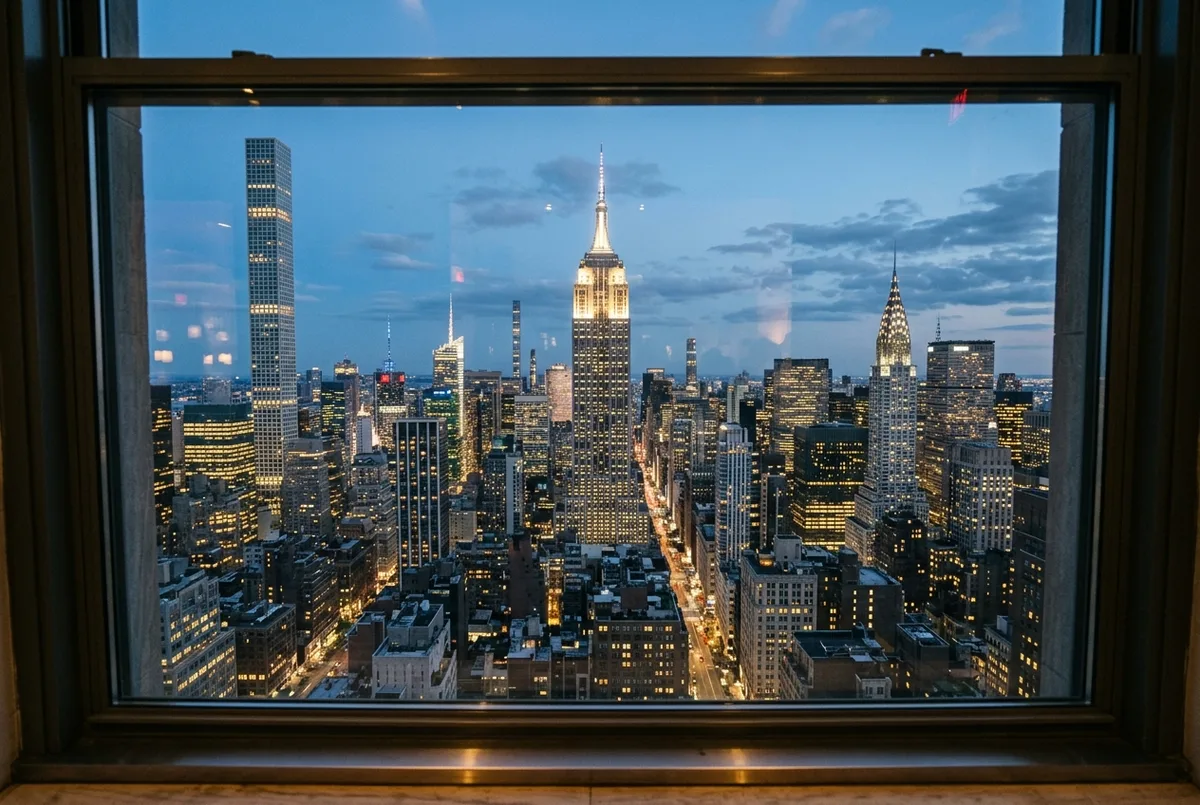 top of the rock nyc comparison scene: two Midtown Manhattan towers at dusk with the Empire State Building lit in the distance, viewed from a high floor window, warm mood